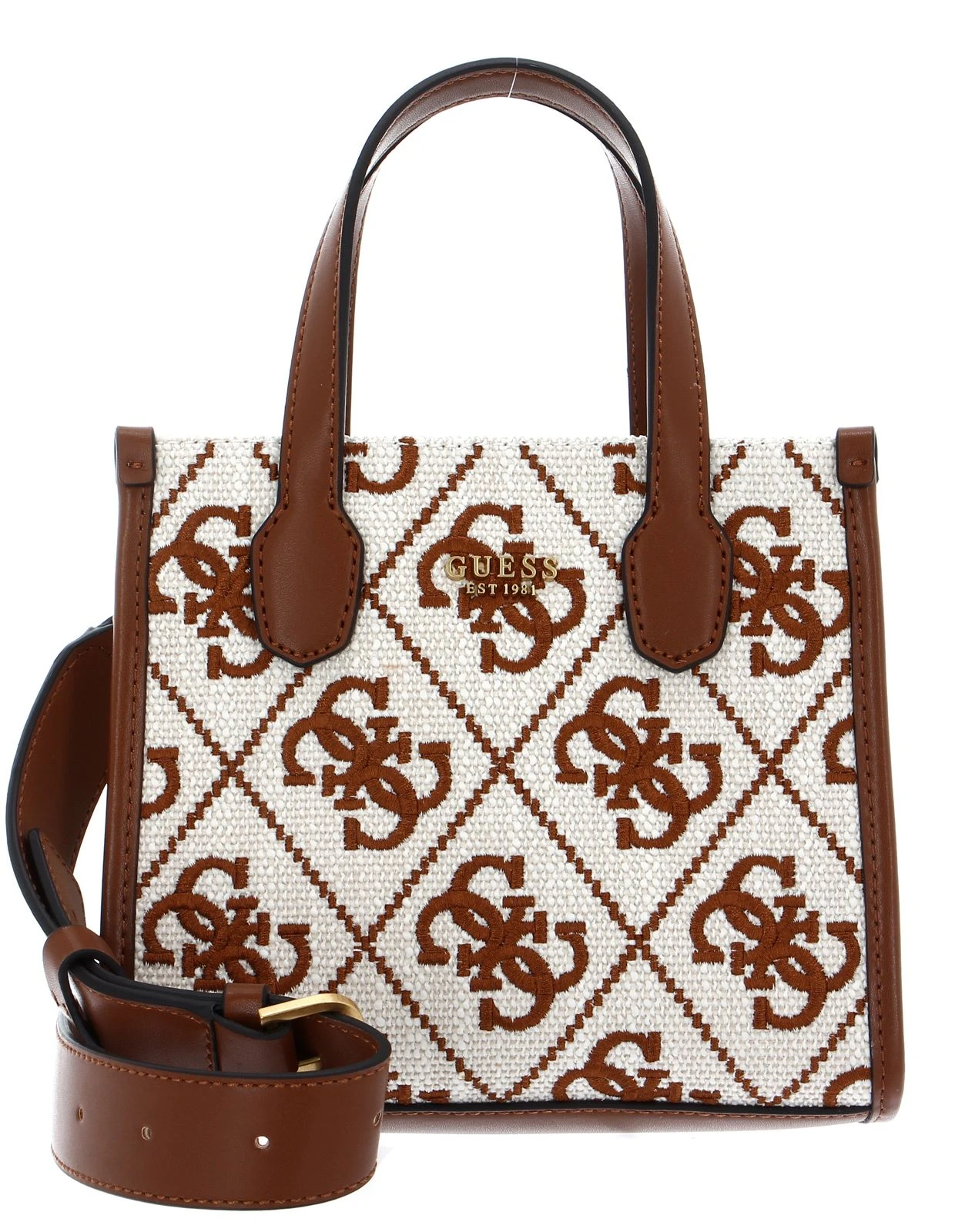 Guess Silvana Two Compartment Mini Tote Bag Saddle Logo 1 Guess Silvana Two Compartment Mini Tote Bag Saddle Logo